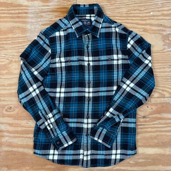 blue plaid american eagle long sleeve button up flannel - Picture 1 of 5